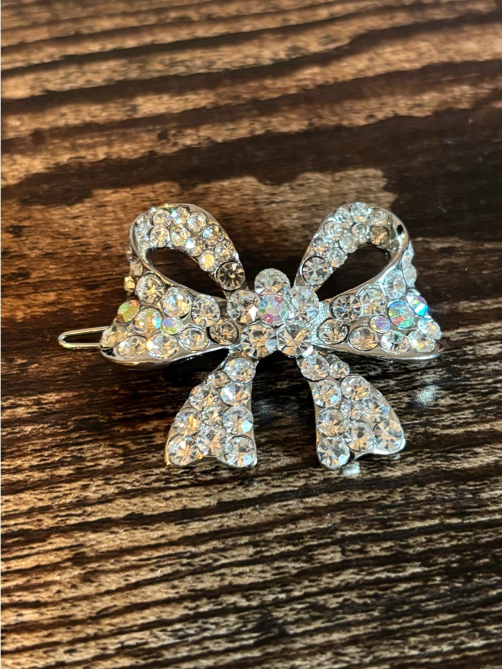 Crystal Bow Hair Clip Barrette- Silver Rhinestone Accent